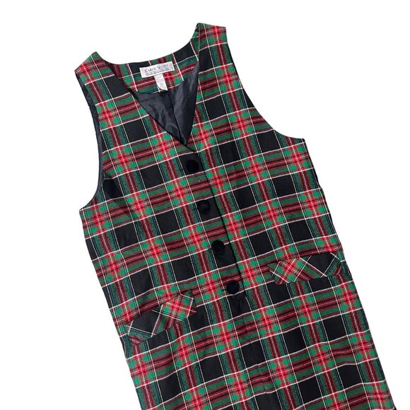 Vintage Sleeveless Dress Karen Scott Plaid Button Front Small 1980s Red Green - Picture 1 of 7